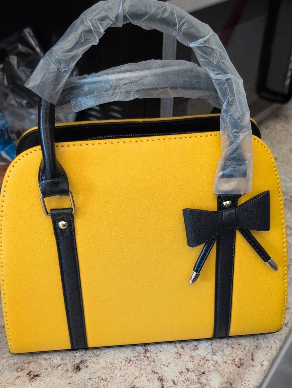 Yellow and Black Bow Accent Satchel Handbag